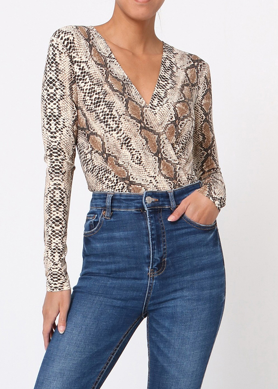 Ladies Front Cross V-Neck Bodysuit (Snake Print)